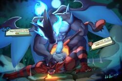 absurd_res ass_up big_penis black_body blue_body blue_fire blue_penis bodily_fluids charizard colored_fire dragon duo erection felid feline fire forest gameplay_mechanics generation_1_pokemon generation_6_pokemon generation_7_pokemon genital_fluids genitals hi_res incineroar kai-hiri male male/male mammal markings mega_charizard mega_charizard_x mega_evolution muscular mythological_creature mythological_scalie mythology night nintendo nude pain pantherine penis pinned pinned_to_ground plant pokemon pokemon_(species) precum red_body scalie size_difference smile striped_markings striped_tail stripes tail tail_markings tail_pull tree