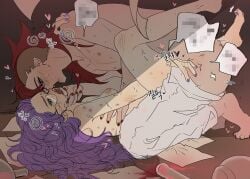 1boy ? alchemist_cookie asymmetrical_hair barefoot bite_mark bite_mark_on_breast black-framed_eyewear blood blood_from_mouth blush boy_on_top breasts brother_and_sister brown_background bruise bruise_on_arm bruise_on_leg censored censored_text clothed_male_nude_female clothes_pull collarbone commentary completely_nude cookie_run crying crying_with_eyes_open face-to-face female film_grain flask from_side full_body glasses grabbing_another's_breast grabbing_another's_chin groping hair_behind_ear hair_down hair_spread_out hand_on_another's_chin hand_on_another's_shoulder heart heart-shaped_pupils humanization incest indoors injury kneeling korean_text legs_up long_hair lower_teeth_only messy_hair missionary mosaic_censoring nail_polish nipples nose_blush nude oerba_yun_fang open_mouth pants pants_pull paper ponong profile purple_eyes purple_hair purple_nails raised_inner_eyebrows red_hair red_nails rough_sex round-bottom_flask round_eyewear semi-rimless_eyewear sex siblings small_breasts sound_effects speech_bubble straight sweat symbol-shaped_pupils tears teeth toenail_polish toenails toes topless_male tube under-rim_eyewear untranslatable_commentary vampire_cookie wavy_hair white_pants