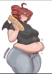 baguette belly_button belly_overhang big_breasts blush bread drawstring fangs fat fat_ass grabbing_belly molligrin01 red_eyes red_hair smile sweatpants thick_thighs weight_gain wings