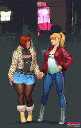 androgynous asian bimbo bob_cut bulge dmitrys emily_(dmitrys) erection erection_under_clothes eyeshadow femboy futa_is_bigger futa_on_male futanari girly holding_hands intersex jacket jewelry jun_sayama_(dmitrys) lipstick makeup male penis penis_size_difference penis_under_clothes penis_under_shirt ponytail stockings trap