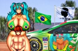 1boy 1girls age_difference background big_ass big_breasts big_thighs bikini blue_eyes blue_hair brazilian brazilian_female brazilian_flag brazilian_miku brown_eyes brown_hair car chorquistudios collar corsica couple cute cute_face cute_male dark-skinned_female dark_skin exposing flag flag_bikini flags flexing glasses half_naked hatsune_miku huge_breasts imminent_sex latina latina_female looking_at_partner looking_at_viewer looking_pleasured mature_female mature_male plain_background sitting size_difference smaller_male sport_car standing sunglasses sunglasses_on_head taller_female tropical tropical_background vocaloid
