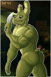 2026 absurd_res animatronic anthro ass balls big_balls big_butt black_eyes digital_drawing_(artwork) digital_media_(artwork) ears_up five_nights_at_freddy's five_nights_at_freddy's_3 genitals glowing glowing_eyes grin grinning_at_viewer hi_res holding_object holding_weapon humanoid knife lagomorph leporid looking_at_viewer machine male male_only mammal muscular muscular_anthro muscular_arms muscular_male nude one_arm-up pose rabbit robot robot_humanoid sartex scottgames signature simple_background smile smiling_at_viewer solo springtrap_(fnaf) standing tail teeth weapon white_eyes