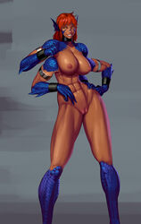4_arms abs aka6 animal_ears areolae breasts female female_only looking_at_viewer monster_girl multi_arm multi_limb muscles muscular muscular_female navel nipples orange_eyes orange_hair pussy solo toned