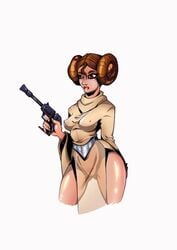 a_new_hope belt blaster clothed dress firearm gun holding_gun holding_object holding_pistol holding_weapon lipstick nipple_bulge nipples nipples_visible_through_clothing pistol princess_leia_organa red_lipstick see-through see-through_clothing see-through_dress simple_background standing star_wars weapon white_background