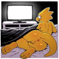 ai_generated alone alphys anthro anus anus_peek ass ass_focus asshole back_view blanket blanket_covering blush blush_lines blushing_at_viewer butt_focus buttocks dark dark_room deltarune diplive7 evening excited excited_female feet female foot_fetish in_bed in_bedroom late_night laying_down laying_on_bed looking_at_viewer looking_back looking_pleasured night nighttime nude nude_female scalie shocked suprised tail television television_glow television_screen thick_butt thick_tail thick_thighs tv tv_glow tv_lighting tv_screen undertale vagina white_outline
