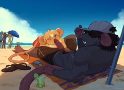 absurd_res anthro beach bodily_fluids caleb_(plaguerat) clothed clothing doug_(plaguerat) duo exhibitionism fellatio genitals hi_res male male/male mammal mouse murid murine oral penile penis plaguerat pubes rat risky rodent sea sex sweat vein water