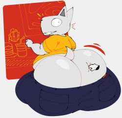 abstract_background anthro anthro_male bubble_ass bubble_butt burger butt_focus canine canine_humanoid dog_tail drink exclamation_point fat_ass finger_on_ass french_fries grey_body grey_tail ian_(neetbean) jeans looking_at_viewer looking_back male male_only movement_lines neetbean overweight overweight_male tail thick_thighs three-quarter_view wide_hips