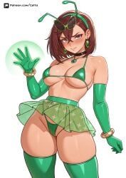 1girls armwear artist_name ayase_momo blush bottomwear bracelet brown_eyes brown_hair cetta_(cettadvd) costume dandadan ear_piercing earrings elbow_gloves female female_only gloves green_bra green_gloves green_panties green_skirt green_thighhighs green_thong gyaru headwear legwear necklace neckwear see-through see-through_clothing skirt solo solo_female thighhighs thighs thong topwear white_background