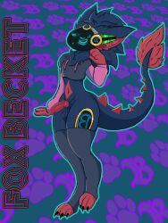 absurd_res animal_genitalia anthro athletic balls blue_body blue_fur canid canine canine_genitalia claws clothing embarrassed falcon_linx femboy fox_becket fur genitals hi_res knot legwear machine male mammal paggi_outfit protogen red_body red_fur saggy_balls small_waist solo sweater thick_thighs thigh_highs topwear visor