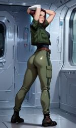 ai_generated akima_kunimoto anime_girl beautiful beautiful_girl hands_behind_head leggings lifting_ass lifting_butt looking_at_viewer round_butt side_view standing titan_a.e.