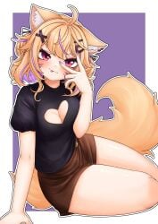ahoge animal_ear_fluff animal_ears bangs blonde_hair blush breasts brown_skirt cleavage cleavage_cutout eyebrows_visible_through_hair female hair_ornament hairclip looking_at_viewer medium_breasts multicolored_hair nail_polish shirt short_sleeves sitting skirt smile solo squchan_(vtuber) tail tongue tongue_out virtual_youtuber vyugen white_outline
