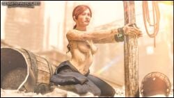 1girls 3d bethesda_softworks bondage breasts brown_hair captured captured_heroine dirt dirty fallout fallout_(tv_series) female female_only femsub lucy_maclean nipples pip-boy sensationalpictures solo solo_female vault_suit