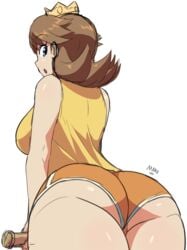 1girls alternate_breast_size ass back big_ass big_breasts bimbo bloomers blue_eyes breasts brown_hair bubble_butt butt female female_only gym_shorts large_breasts light-skinned_female long_hair looking_back mario_(series) mario_tennis maruzyrukun nintendo princess_daisy shorts solo thick_ass thick_thighs thighs white_background