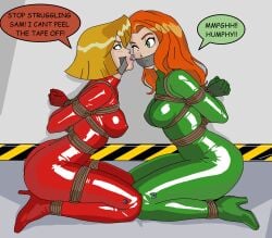 2_bodysuits 2girls arms_behind_back bodysuit bondage boots bound bound_ankles bound_arms bound_legs clover_(totally_spies) cruelfaker english_text female female_only femsub fully_clothed gag gagged gagged_speech gloves green_clothing green_eyes high_heel_boots high_heels png red_clothing rope sam_(totally_spies) shiny_clothes speech_bubble tape tape_gag text tight_clothing totally_spies