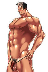 1boy abs bara blush male_focus male_only muscle pecs penis rabbit_(artist) rabbit_(pixiv744412) solo tagme tan tanline testicles