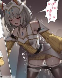 animal_ears black_pantyhose blush breakthrough_rr breasts cat_ears cat_girl chest_jewel clothes_pull commentary_request cropped dress female heart highres nia paid_reward_available panties panty_pull pantyhose pantyhose_pull pussy_juice queen queen_nia short_hair small_breasts solo_focus speech_bubble spoken_heart underwear white_panties xenoblade_(series) xenoblade_chronicles_2 xenoblade_chronicles_3 yellow_dress