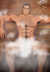 1boy abs arched_eyebrows armpit_hair bara big_balls black_hair brown_eyes censored censored_penis chest_hair covered_penis dj_art facial_hair flaccid flaccid_penis golden_kamuy hairy hairy_armpits hairy_arms hairy_chest hairy_legs hairy_male hairy_thighs human human_only legs_open legs_spread looking_at_viewer male male_focus male_only manly mature mature_male muscles muscular muscular_male naked nude nude_male open_legs pectorals penis pubic_hair sauna sitting six_pack solo solo_focus solo_male spread_legs steam steam_censor tanigaki_genjirou thick_eyebrows thick_penis toned toned_body toned_male veiny_penis