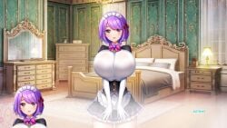 1girls akagi_rio bed bedroom boobies boobs breasts english_text enormous_boobies enormous_boobs enormous_breasts enormous_tits female female_only game_cg giant_boobies giant_boobs giant_breasts giant_tits gigantic_boobies gigantic_boobs gigantic_breasts gigantic_tits huge_boobies huge_boobs huge_breasts huge_tits hyper_boobies hyper_boobs hyper_breasts hyper_tits liliera_loveknot maid maid_headdress maid_outfit maid_uniform massive_boobies massive_boobs massive_breasts massive_tits milk_factory motto!_haramase!_honoo_no_oppai_isekai_oppai_maid_gakuen! motto!_haramase!_honoo_no_oppai_isekai_oppai_meido_gakuen! night_sky open_eyes open_mouth open_mouth_smile purple-haired_female purple_hair schoolgirl short_hair short_hair_female short_purple_hair succubus super_boobies super_boobs super_breasts super_tits table teenage_female teenage_girl teenager tits violet-haired_female violet_hair window