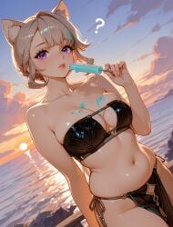 1girl ? ai_generated alternate_costume animal_ear_fluff animal_ears arlequin097 bare_shoulders bikini black_bikini breasts cat_ears cleavage cloud collarbone cowboy_shot dutch_angle eyepatch_bikini facial_mark food food_on_body food_on_breasts genshin_impact grey_hair holding holding_food holding_popsicle hoyoverse large_breasts lips looking_at_viewer lynette_(genshin_impact) melting mihoyo multicolored_hair navel ocean outdoors patreon_username pelvic_curtain popsicle purple_eyes sky solo stomach strapless strapless_bikini sunset swimsuit thighs water