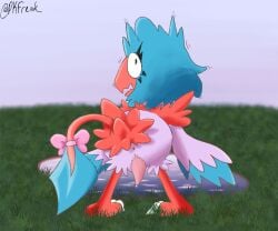 accessory anus archen beak blue_body blue_feathers blue_hair bodily_fluids bow_ribbon caught_off_guard cloacal_penis eyeliner feathers feet female feral fossil_pokemon furgonomics generation_5_pokemon genital_fluids genitals grass hair hi_res leaking_precum looking_at_viewer looking_back makeup male motion_lines nintendo nude open_beak open_mouth penis phoebe_the_archen_(psykwol) pink_bow pink_penis pkfreak plant pokemon pokemon_(species) precum pupils purple_body purple_feathers red_body red_feathers ribbons shaking signature sky solo startled tail tail_accessory tail_bow tail_ribbon talons toes trans_(lore) trans_woman_(lore) water