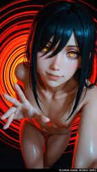 1girl ai_generated black_hair breasts chainsaw_man closeup concentric_circles female female_only glossy_skin hand_focus looking_at_viewer nayuta_(chainsaw_man) nude orange_eyes palm_towards_viewer portrait red_background red_glow shiny solo spiral_eyes velairi_kim
