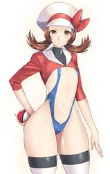 breasts brown_hair cleavage female female_only flat_chest looking_at_viewer lyra_(pokemon) nagase_haruhito pokemon solo thighhighs yellow_eyes