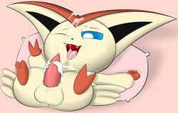 ambiguous_gender balls cum cum_in_mouth cum_inside cum_on_self disembodied_hand handjob legendary_pokémon male male/ambiguous nintendo one_eye_closed penis pokémon_(species) pokemon sex tapering_penis victini video_games yumei