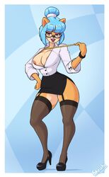 1girls activision blue_hair breasts cleavage crash_(series) crash_team_racing_nitro-fueled female fur furry glasses large_breasts lingerie megumi_bandicoot nipples skecchiart stockings teacher thick_thighs thighs tight_clothing wide_hips