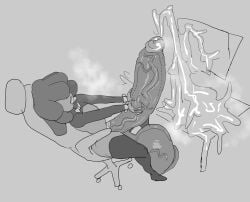 1boy big_balls big_penis black_hair breadcatta cock_ring computer cum cum_on_computer cum_on_object cum_outside cumming dark-skinned_femboy dark-skinned_male dark_skin digital_media_(artwork) dreadlocks excessive_cum femboy huge_balls huge_cock hung_trap hyper_penis male massive_penis masturbation reverse_bunnysuit sitting_on_chair sole_male solo_male tongue_out two-handed_masturbation veiny_balls veiny_penis zark_respira