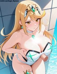 1girls absurdly_long_hair aegis_elysium ai_art ai_generated background blush breasts breasts_bigger_than_head cleavage core_crystal day dildo earrings female female_focus gem hair_ornament headpiece highres holding holding_dildo holding_object huge_breasts indoors jewelry large_breasts long_hair morning mythra mythra_(xenoblade) nintendo perfect_body perfection pool red_hair sexy short_shorts shorts sky solo_focus standing sunshine_light swept_bangs swimsuit thigh_strap tiara tights very_long_hair wall wall_(structure) water watermark white_swimsuit xenoblade_(series) xenoblade_chronicles_(series) xenoblade_chronicles_2