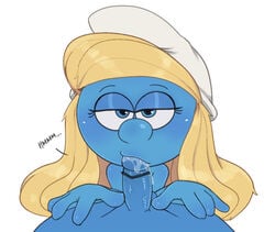 blonde_hair blue_eyes blue_skin censored duo english_dialogue english_text fellatio female hair half-closed_eyes hmm hua hua113 humanoid looking_at_viewer male oral penis peyo_(copyright) saliva_trail sex smurf smurfette solo_focus straight the_smurfs white_background