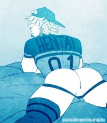 1boy ashley_(thepancakehub) ass bara baseball_cap beard_stubble blue_theme face_piercing facial_hair hair_over_eyes hat highres jockstrap male_focus male_underwear monochrome nose_piercing nose_ring piercing plug_(piercing) shirt solo stubble thepancakehub underwear