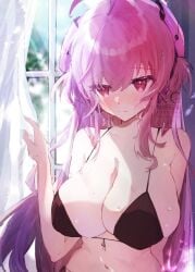 black_bikini blush closed_mouth curtain huge_breasts looking_to_the_side rasis sound_voltex sunlight upper_body window