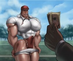 2boys abs absolutbleu ass bara bara_ass bara_butt bara_tiddies bara_tits biceps big_ass big_ass_(male) big_butt big_chest big_pecs big_pectorals big_penis blush brown_eyes brown_hair bubble_ass bubble_butt bulge butt chest coach cum erect_nipples_under_clothes erection erection_under_clothes eric_murphy gay hat hourglass_figure human male male_focus male_nipples male_only money muscle_ass muscle_butt muscles muscular_ass muscular_butt muscular_male offscreen_character offscreen_male open_mouth outdoors outside pecs pectorals precum precum_through_clothing prostitution short_hair solo sportswear thong undressing yaoi