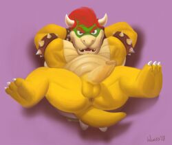 1boy 2018 3_toes anthro anus armlet arms_behind_head arms_up ass biceps big_ass bowser chubby claws clothed clothing collar curved_horns erection eyebrows full_body hair hands_behind_head hindpaw hybrid koopa lizard looking_at_viewer male male_only mario_(series) muscular nintendo nude open_mouth paws penis pose presenting purple_background red_eyes red_hair reptile scalie simple_background solo spiked_shell spread_legs spreading tail testicles text thick_thighs toes video_games watermark wide_hips wiess yellow_balls