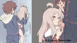 1boy 2girls 2girls1boy against_wall ahoge ambiguous_penetration blush blush_lines brown_hair chernyyvo dubious_consent embarrassed excited fellatio green_eyes green_hair multiple_girls murosaki_miyo onii-chan_wa_oshimai! oyama_mahiro penis school_uniform scrotum sex skirt skirt_lift small_breasts sucking sucking_penis text urinal