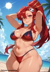 ai_generated arms_behind_head beach big_breasts bikini cameltoe candypinklips floating_hair hair_between_eyes hair_ornament long_hair palm_tree ponytail red_bikini red_hair sand seaside smile standing tengen_toppa_gurren_lagann watermark yellow_eyes yoko_littner