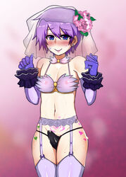 1boy bare_shoulders black_panties blue_eyes blush bra commentary_request cowboy_shot crossdressing cum earrings elbow_gloves erection erection_under_clothes eyebrows_visible_through_hair flower garter_belt gloves hair_flower hair_ornament heart heart-shaped_pupils heart_tattoo jewelry looking_at_viewer luka_(mon-musu_quest!) luka_(monster_girl_quest) mon-musu_quest! mon-musu_quest:_paradox monster_girl_quest navel nipples panties penis_in_panties pubic_tattoo shigachild shiganoko smile solo sweat symbol-shaped_pupils tattoo thighhighs trap underwear unneeded_bra veil white_legwear