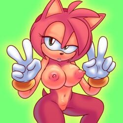 amy_rose areola big_breasts biting_lip bracelet breasts double_v erect_nipples eyelashes female furry gloves gradient_background green_eyes hairband half-closed_eyes hedgehog highres jewelry looking_at_viewer mammal navel nipples nude puffy_areola pussy quills simple_background sodajoik solo sonic_(series) v