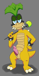 1boy anthro erection eyewear full_body glasses green_hair grey_background hair half-closed_eyes iggy_koopa karras koopa koopaling looking_at_viewer male male_only mario_(series) nintendo nude penis scalie simple_background smile solo standing video_games