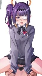 commission cowgirl_position drool eyepatch hololive hololive_english hololive_myth ninomae_ina'nis penetration pov purple_eyes purple_hair school_uniform sex skirt smiling smiling_at_viewer sweater tako_ro vtuber