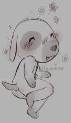 2024 animal_crossing anthro ass big_head biped blush blush_lines canid canine canis cat_smile chibi closed_eyes digital_media_(artwork) domestic_dog emanata female flat_chested flower goldie_(animal_crossing) lying mammal markings nintendo nude open_mouth open_smile paws plant raised_leg smile solo sparkles spots spotted_markings tail truemew