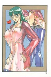ass bangs breasts covered_nipples dress female frame green_eyes green_hair heart large_breasts long_hair long_sleeves looking_at_viewer mirror nipples no_bra panties photo reflection see-through shikishima_mirei shirt smile solo standing thighhighs underwear