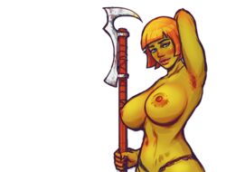 1girls alternate_version_available axe big_breasts blush boobsgames busty cleavage curvy erect_nipple erect_nipples fantasy female female_only front_view goblin goblin_(warlock_and_boobs) goblin_female green_skin half-dressed half_dressed holding_object hourglass_figure humanoid no_bra orange_hair original_character redhead short_hair simple_background solo solo_female standing thong topless voluptuous warlock_and_boobs weapon wide_hips