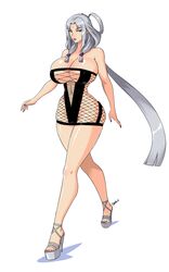 big_breasts blue_eyes devil-v female fishnet hourglass_figure huge_breasts silver_hair voluptuous