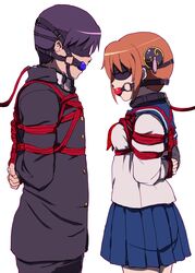 1boy 1girls arms_behind_back ball_gag blindfold bondage class_3-z clothed collar duo female femsub gag gintama kagura_(gintama) leash male male_and_female_subs malesub multiple_subs official_alternate_costume rope school_uniform shibari_over_clothes shimura_shinpachi suika_soda