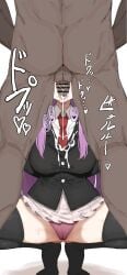 1boy 1girls 2d absurdres arms_behind_back ass bar_censor black_jacket black_thighhighs blazer censored clothed_female_nude_male commentary_request cum cum_in_mouth cum_on_clothes dark-skinned_male fellatio female highres interracial jacket kumiyabe long_hair necktie nude open_mouth oral panties penis purple_hair red_necktie red_panties reisen_udongein_inaba squatting straight testicles thighhighs touhou underwear view_between_legs