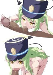 1boy 2girls absurdres bad_id bad_pixiv_id blue_archive blue_hat dark-skinned_male dark_skin demon_girl demon_tail fellatio green_hair hat highres hikari_(blue_archive) multiple_girls nozomi_(blue_archive) nude oni-_-on oral penis penis_grab pointy_ears pov simple_background tail testicle_sucking uncensored white_background yellow_eyes