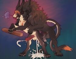 ambiguous_species anal anal_sex animal_genitalia balls bared_teeth basillicus big_balls bodily_fluids breath breathing breathing_noises canid canine canine_genitalia closed_eyes cum cum_covered_penis cum_in_ass cum_inside cum_pooling cum_spill cum_splash cum_splatter cum_spurt drooling duo ejaculation equid equine equine_genitalia erection excessive_cum excessive_genital_fluids excessive_precum feral floating genital_fluids genitals hi_res knot knotted_penis licking licking_lips long_tail looking_at_another male male/male mammal mane medial_ring motion_lines onomatopoeia penetration penis precum pull_out retracted_balls saliva savas_(basillicus) scales scalie simple_background sound_effects spread_legs spreading tail text tongue tongue_out vein veiny_penis vyron_(basillicus) wrinkles