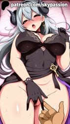 1boy 1girls 2025 ai_assisted ai_generated anime artist_name bare_shoulders big_breasts big_chest black_gloves black_horns blush breasts bust busty chest clitoral_hood covering crotch curled_horns dripping_pussy earrings exposed_pussy eyebrows_visible_through_hair female female_genitalia female_masturbation fingering genitals gloves hair_between_eyes hi_res high_quality high_resolution highres horns jewelry juicy_pussy large_breasts laying_down long_hair looking_at_viewer lying lying_on_back no_panties on_back on_bed open_mouth patreon patreon_username pillow pussy pussy_juice pussy_lips pussy_peek red_eyes shaved_pussy silver_hair skypassion slit stable_diffusion straight sweat tight_pussy uncensored_pussy uncensored_vagina vagina vulva watermark wet_pussy wuthering_waves zani_(wuthering_waves)